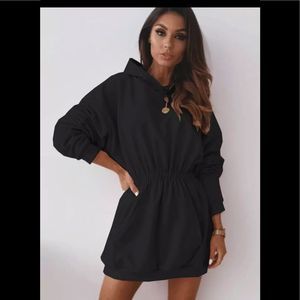 Casual Long Sleeve Sweatshirt Dress With Elastic Waist - Black